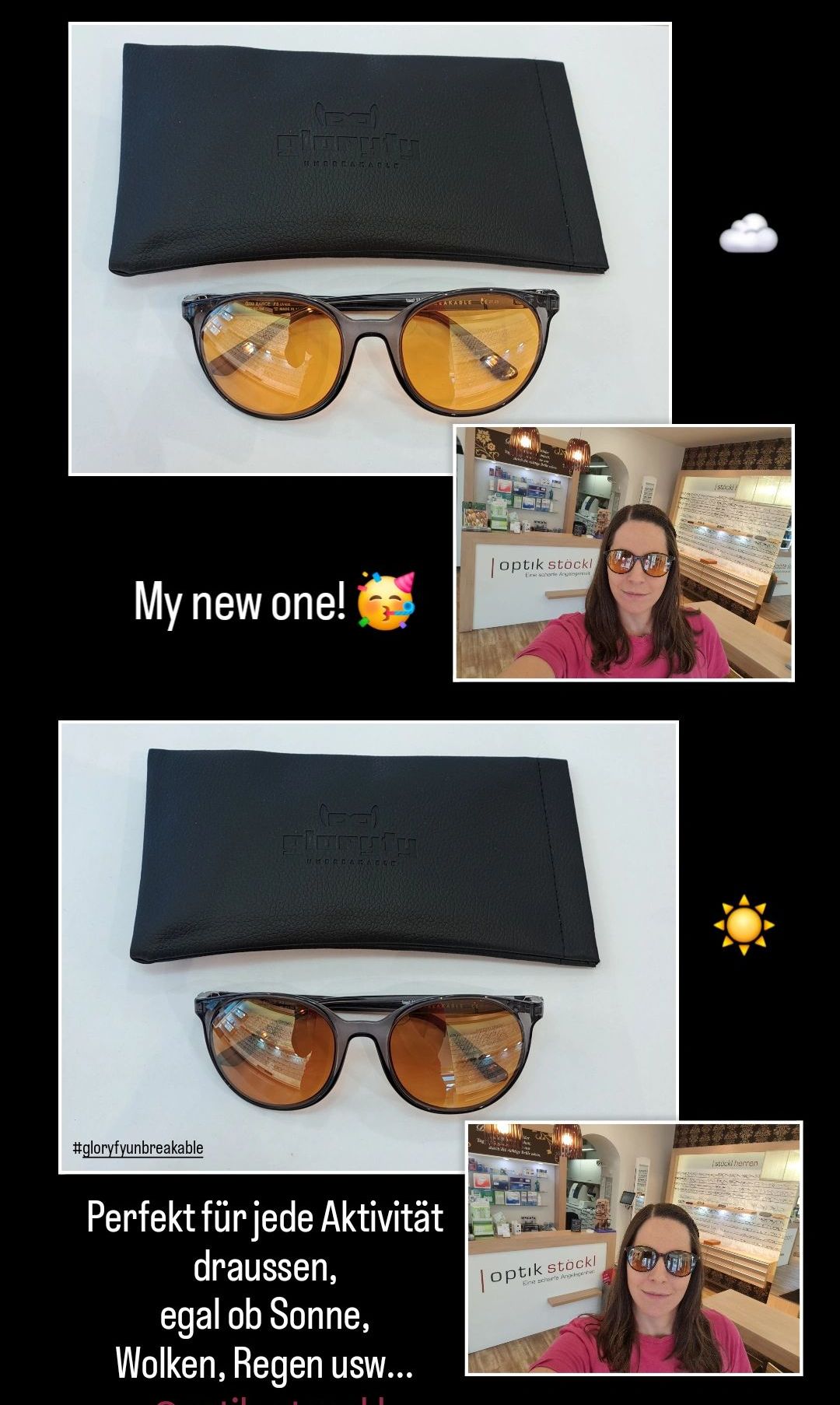 Eine Frau hält eine Sonnenbrille mit orangefarbenen Gläsern und einem schwarzen Etui. Das Bild zeigt ein Foto von ihr und einem Geschäft mit dem Text 'Mein neuer!'.