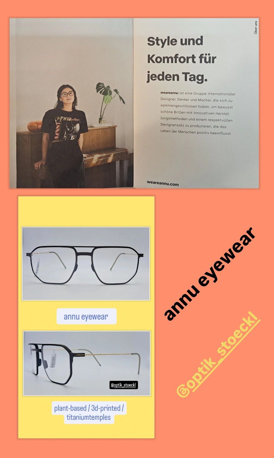Das Bild zeigt ein Werbeposter für annu eyewear. Es zeigt eine Frau mit Brille und eine Produktdarstellung von schwarzgerahmten Brillen. Der Text hebt den innovativen Ansatz der Marke in der Brillengestaltung hervor.