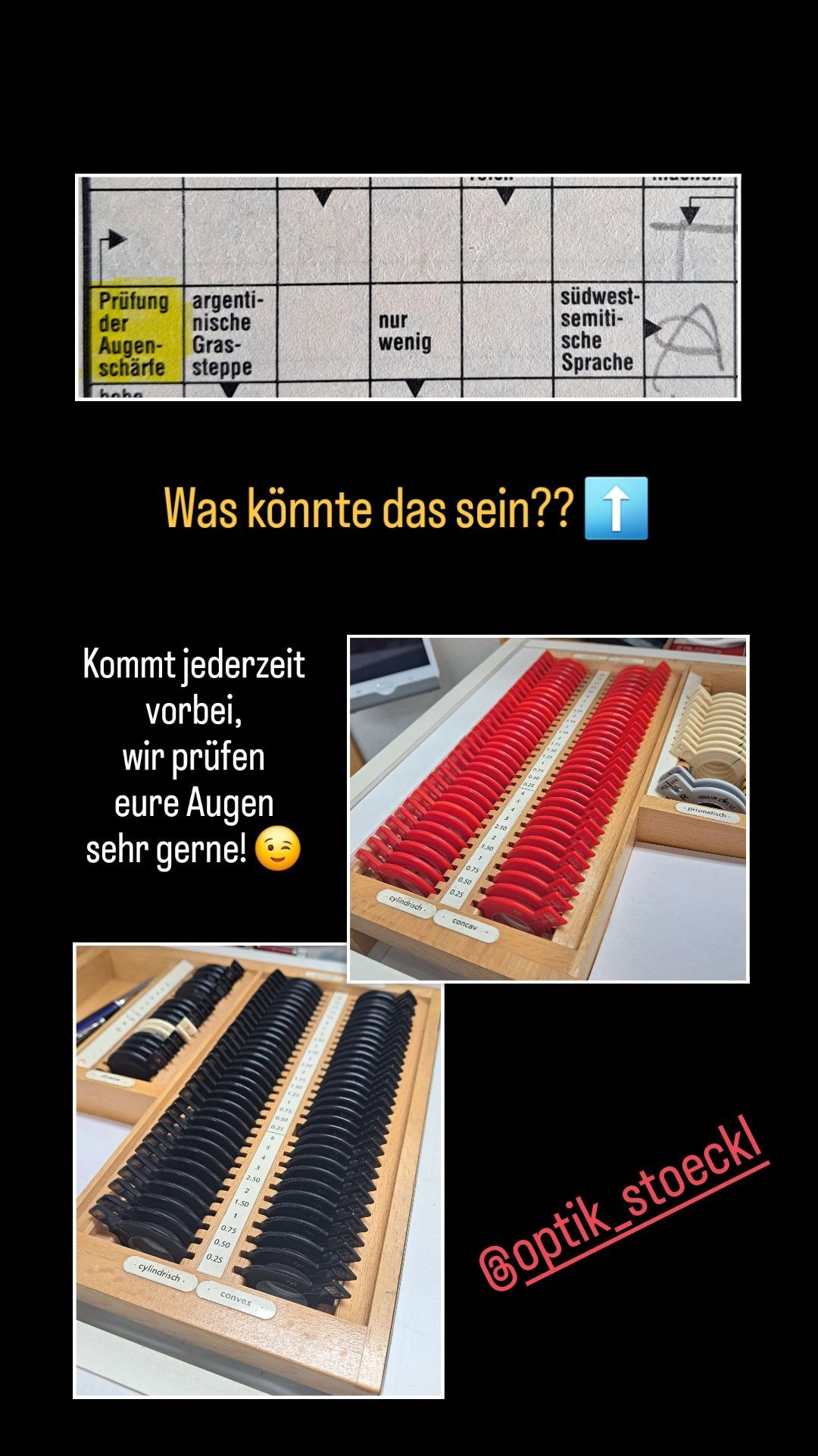 Eine Werbung für einen Sehtest mit einer Box roter Linsen und einem Textüberlagerung, die fragt, was mit Ihren Augen falsch sein könnte.