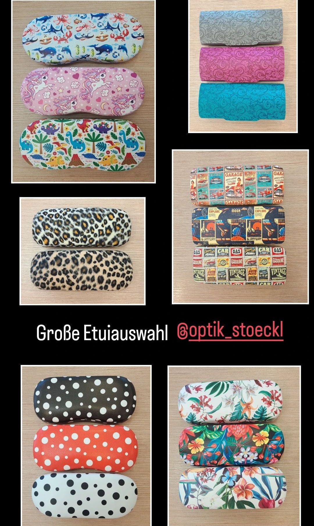 Eine Auswahl an Brillenetuis mit verschiedenen Designs wird gezeigt. Von Dinosaurier-Prints bis hin zu Punktemustern zeigt jedes Etui ein einzigartiges Muster. Das Bild zeigt eine Vielzahl farbenfroher Etuis auf einem hölzernen Hintergrund.