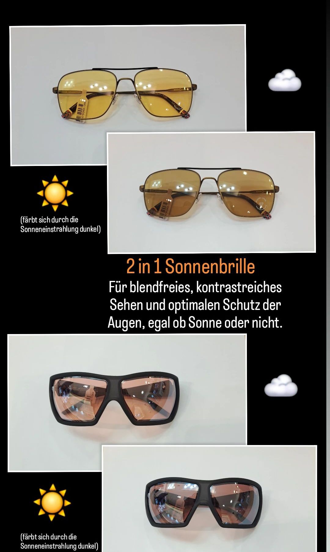 Zwei Bilder von 2-in-1-Sonnenbrillen. Ein Bild zeigt eine Paar braune Gläser mit einem Sonnensymbol und einem Wolkensymbol darunter.