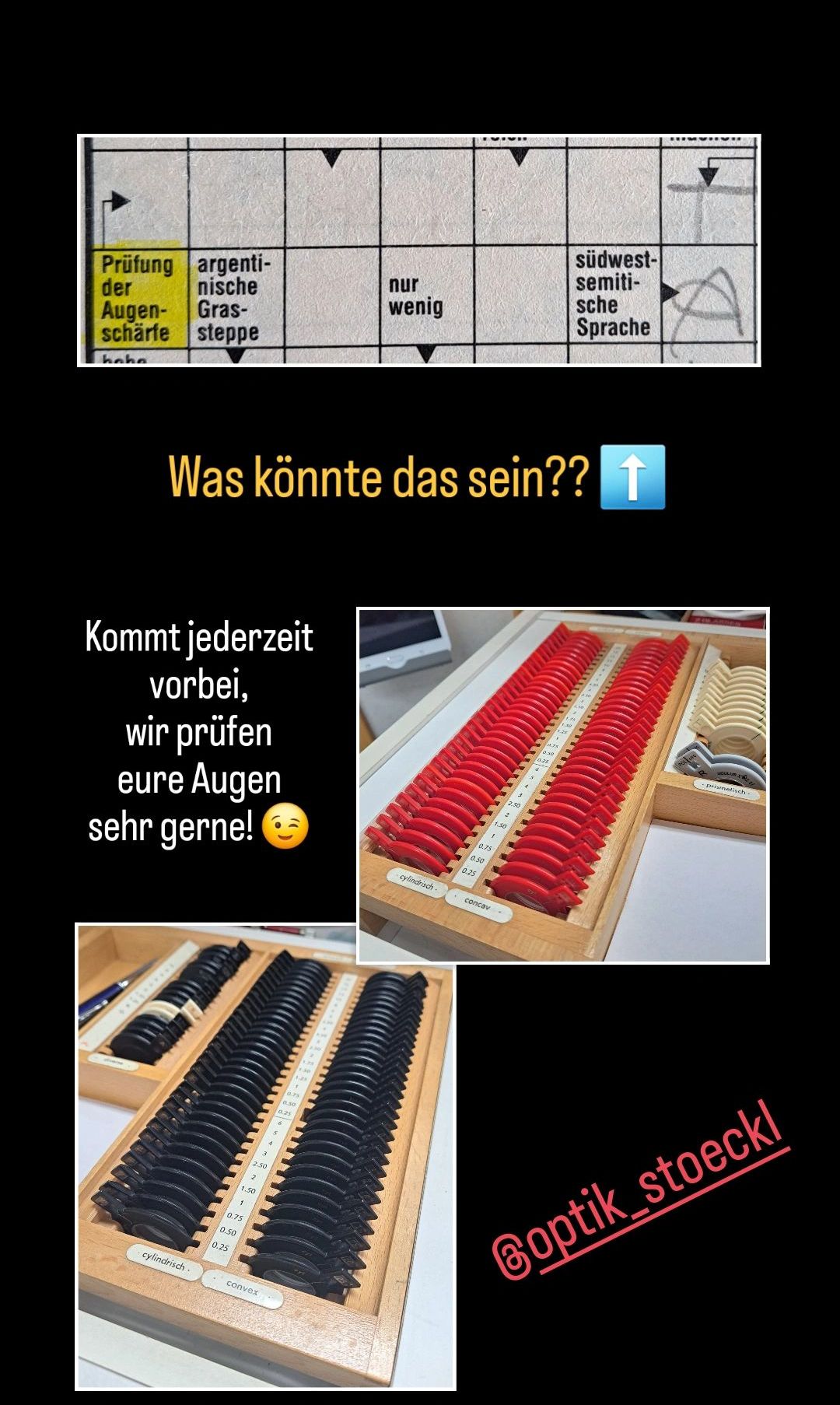 Eine Werbung für Augentests. Zeigt Bilder von Linsen und einem Werkzeug, mit dem Slogan 'Was könnte das sein?' und 'Wir testen Ihre Augen, jederzeit!'. Enthält einen gelben Textkasten und einen roten Pfeil.
