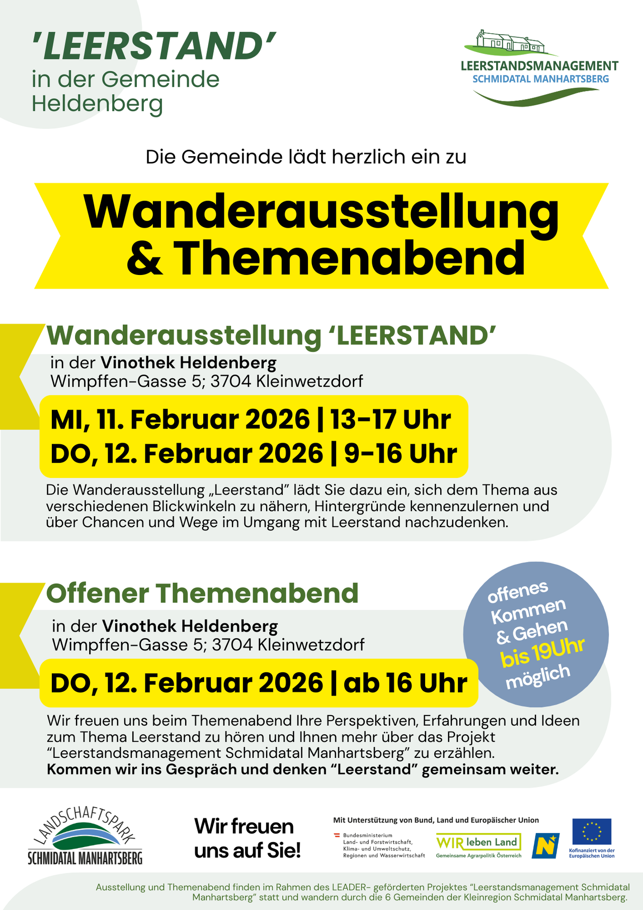 Die Gemeinde lädt herzlich zu einer Wanderausstellung und einem Themenabend ein. Ausstellung 'LEERSTAND' in der Vinothek Heldenberg, Wimpffen-Gasse 5, 3704 Kleinwetzdorf. Geöffnet am 11. Februar 2026, 13-17 Uhr; 12. Februar 2026, 9-16 Uhr. Offener Themenabend am 12. Februar 2026, ab 16 Uhr.