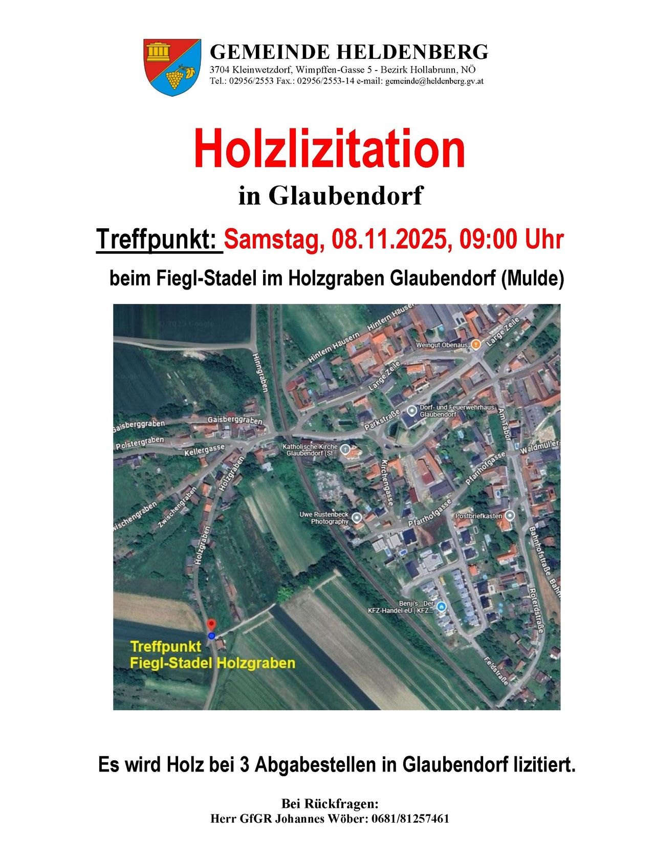Ein Poster bewirbt eine Holzlization-Veranstaltung in Glaubendorf, geplant für Samstag, 8. November 2025, um 9:00 Uhr. Der Treffpunkt ist beim Fiegl-Stadel im Holzgraben-Viertel von Glaubendorf (Mulde). Das Poster zeigt eine Karte mit dem Standort hervorgehoben.
