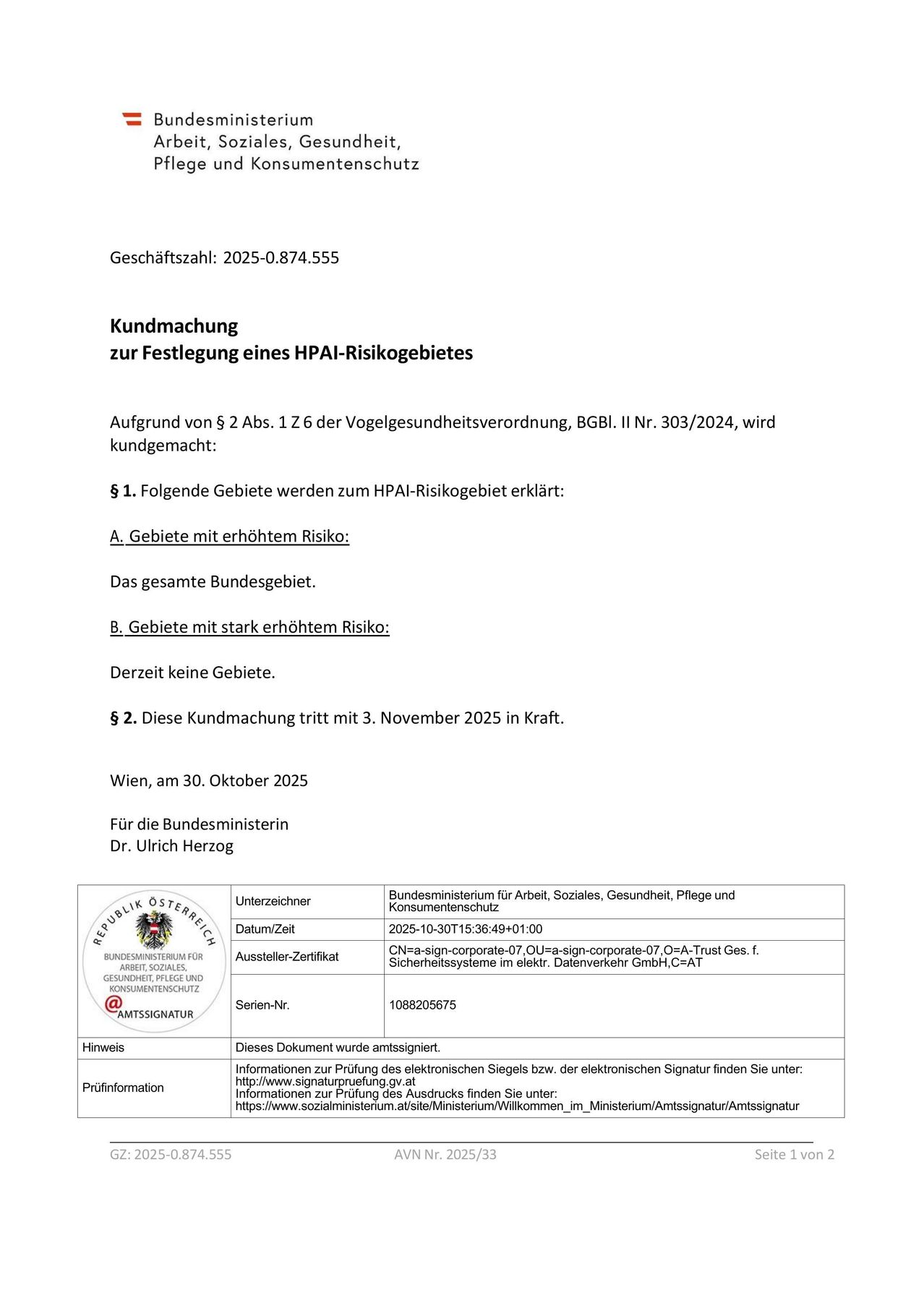 Das Dokument zeigt eine Bekanntmachung zur Festlegung von PHA-Risikogebieten, mit Angaben zu Datum, beteiligten Parteien und betroffenen Gebieten. Die Bekanntmachung ist auf den 30. Oktober 2025 datiert und von Dr. Ulrich Herzog unterzeichnet. Es enthält Informationen zur Prüfung der elektronischen Siegel bzw. der elektronischen Signatur.