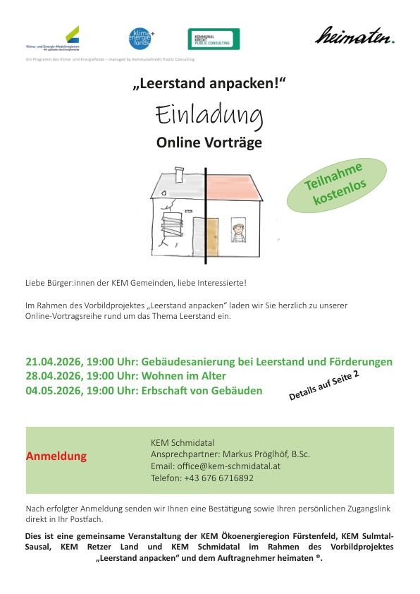 Invitation to the online lecture series about learning spaces. The series includes lectures on building maintenance, living in old buildings, and the inheritance of buildings. Contact Markus Proglhof for registration.