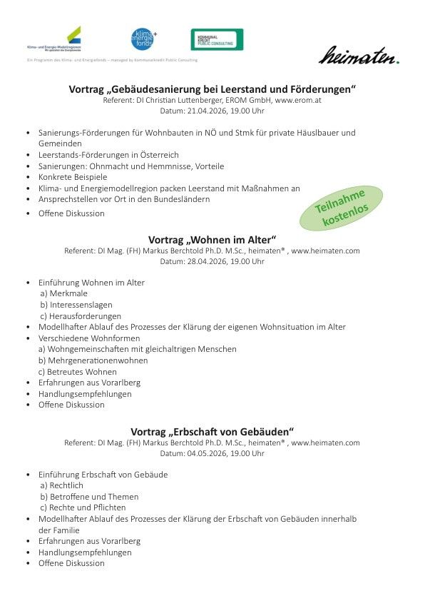 Presentation on 'Building renovation during tenancy and subsidies'. Referent: DI Christian Luttinger, EROM GmbH, www.erom.at. Date: 21.04.2026, 19:00. Various topics covered including subsidies, building maintenance, and energy models.