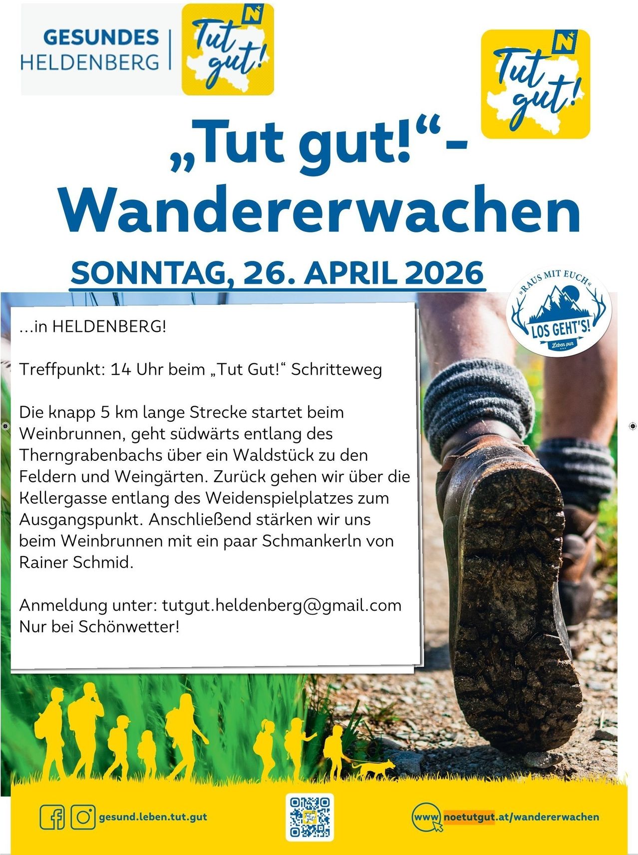 Poster for Tut Gut! walking event in Heldenberg on April 26, 2026. The 5 km trail begins at the Weinbrunnen and goes south along the Thernbergbach stream, over a forest to Feldern and vineyards. Registration at tutgut.heldenberg@gmail.com. Only in good weather.