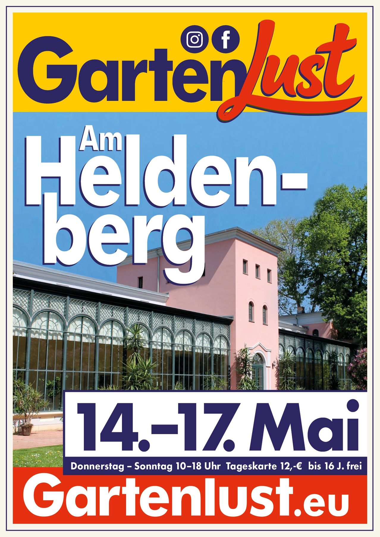 Plakat für eine Veranstaltung in Heldenberg mit einem rosa Gebäude mit Glaswänden und einem klaren blauen Himmel im Hintergrund, mit den Daten 14.-17. Mai.