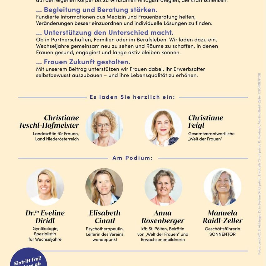 Das Bild zeigt eine Gruppe von Frauen, wahrscheinlich Fachleute, vor einem blauen Hintergrund. Unter den Fotos jeder Frau stehen Namen und Titel. Unten befindet sich ein blauer Kreis mit dem Text 'Eintritt frei!', was 'Freier Eintritt!' bedeutet.