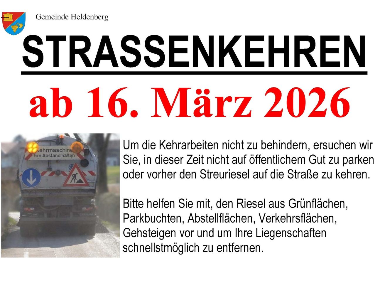 Poster with black text on a white background reading 'STRASSENKEHRE b 16. März 2022'. Below the text, an image of a waste collection vehicle is shown.