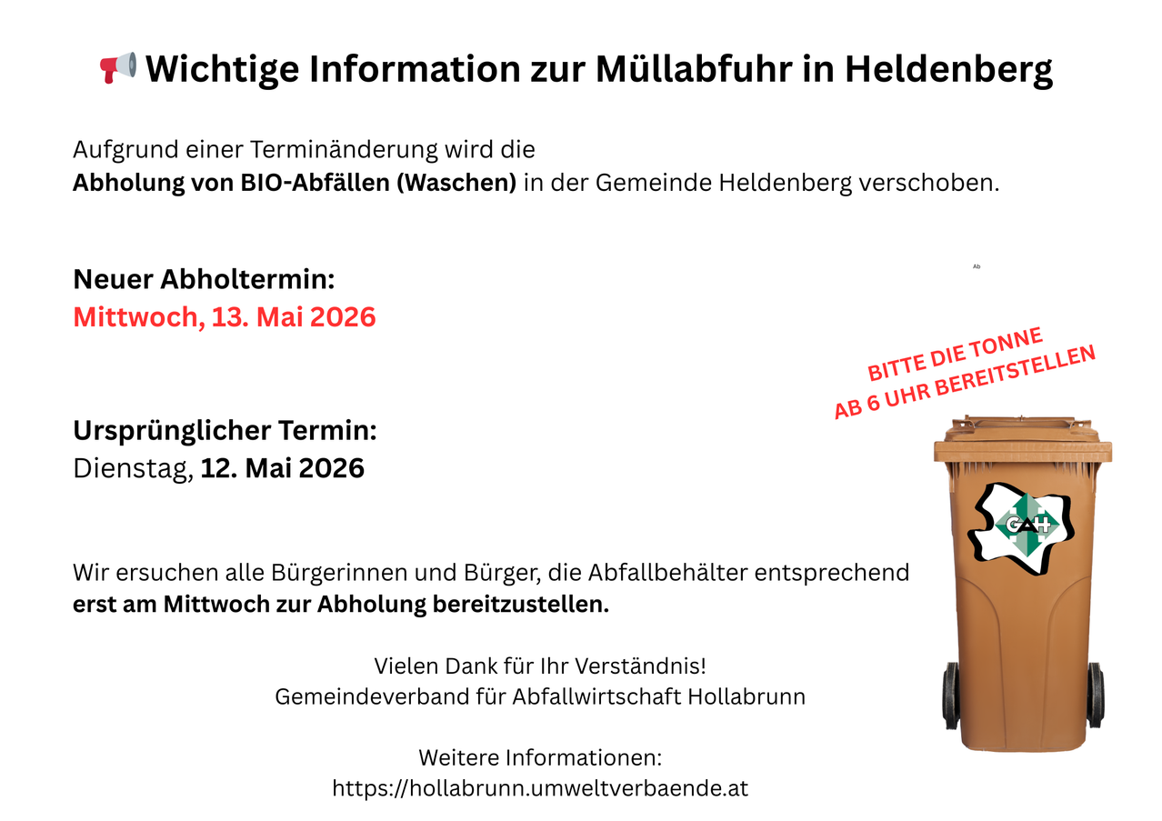 Wichtige Information zur Müllabfuhr in Heldenbergen. Die Entsorgung von Bio-Abfällen (Waschen) in der Gemeinde Heldenbergen wird um einen Tag verschoben. Vorheriges Datum: Donnerstag, 13. Mai 2026. Neues Datum: Freitag, 12. Mai 2026. Bürgerinnen und Bürger, die Abfallbehälter entsprechend vorbereiten, werden gebeten. Vielen Dank für Ihr Verständnis.