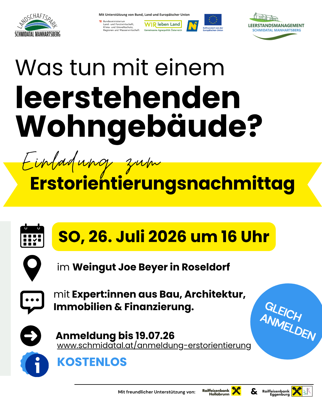Poster advertising an orientation event for empty buildings on July 26, 2026, at 4 PM. Location: Joe Beyer Vineyard in Roseldorf. Experts from construction, architecture, real estate, and finance will be present. Registration until July 19, 2026. Free.