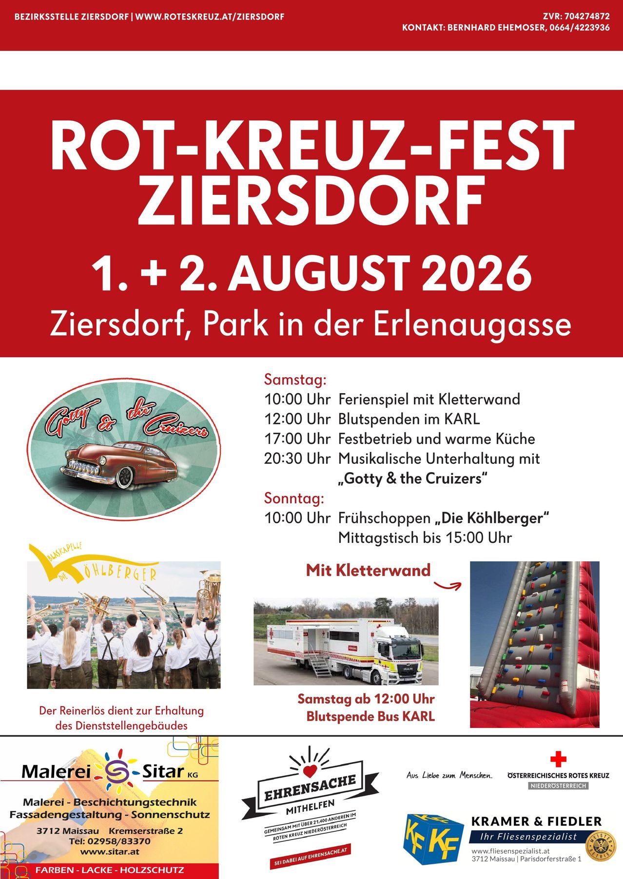 Poster for the Rot-Kreuz-Fest in Ziersdort on August 1 and 2, 2026. Features a red car, a group of musicians, and a truck. Activities include games, blood donation, and entertainment.