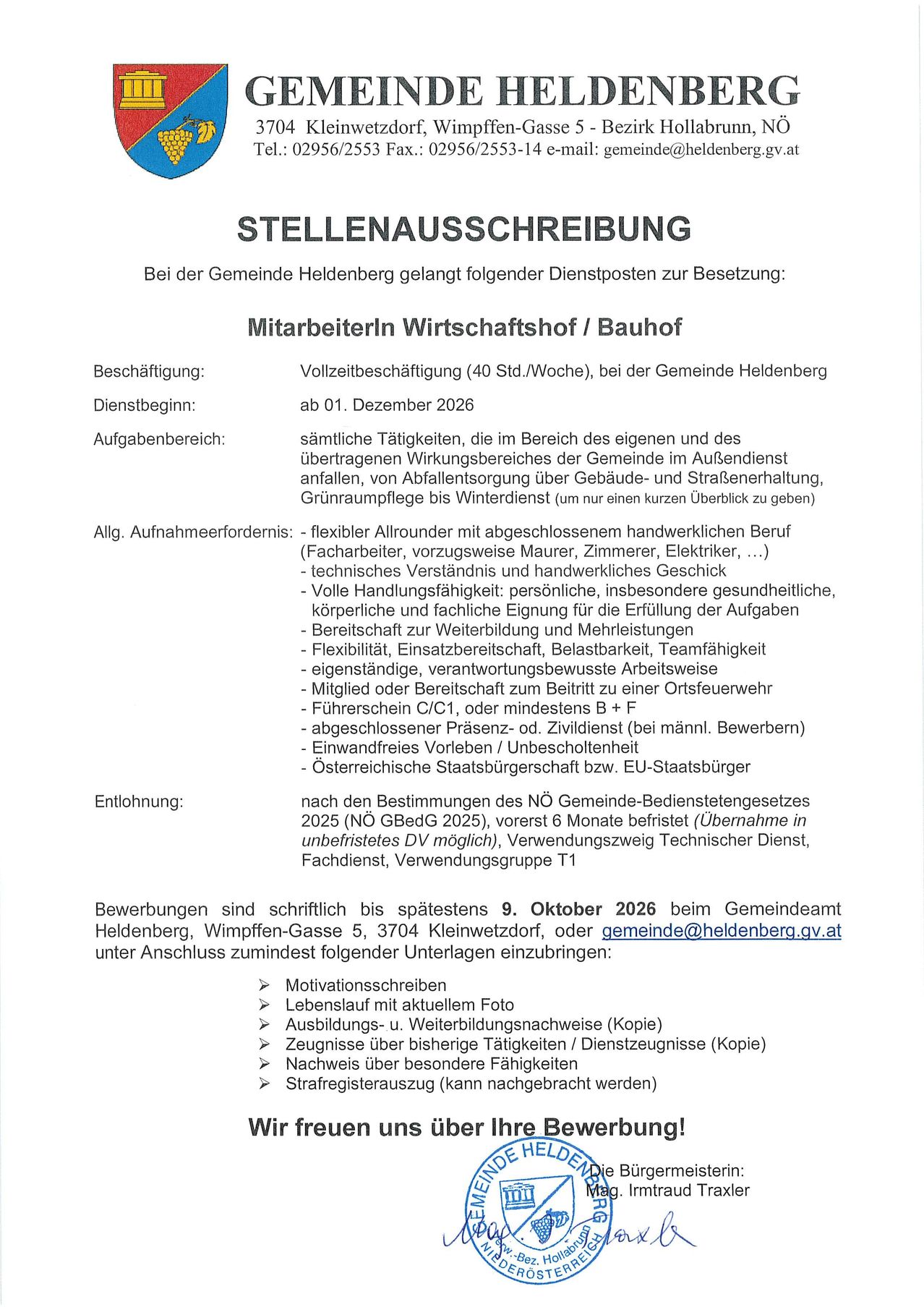 Eine Stellenausschreibung für eine Vollzeitstelle bei der Gemeinde Helenberg, beginnend am 1. Dezember 2026, umfasst verschiedene Aufgaben im Gemeindegebiet und seinen Einrichtungen, einschließlich Gebäudeinstandhaltung und Winterdienst. Anforderungen sind ein flexibler Allrounder mit abgeschlossener Berufsausbildung, technische Fähigkeiten und persönliche Eigenschaften. Die Vergütung orientiert sich am Tarifvertrag der Gemeinde. Bewerbungen sind bis zum 9. Oktober 2026 möglich.