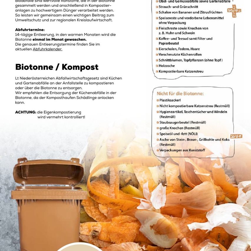 Das Biotonne/Kompost-Infografik zeigt Richtlinien für das Kompostieren von Küchen- und Gartenabfällen. Kompostierbare Artikel umfassen Obst, Gemüse, Kaffeefilter und Papier. Nicht kompostierbare Artikel umfassen Plastiktüten, Asche und Holzkohle. Das Bild zeigt einen braunen Komposthaufen mit Essensresten.
