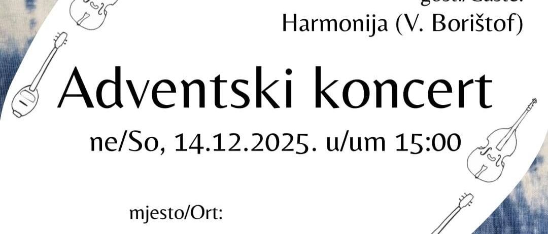 Einladung zum Adventskonzert von Mali Boristof am 14. Dezember 2025 um 15:00 Uhr. Das Konzert mit Gastmusikern findet in der Kirche von Kleinwarasdorf statt. Das Plakat ist mit Musikinstrumenten verziert.