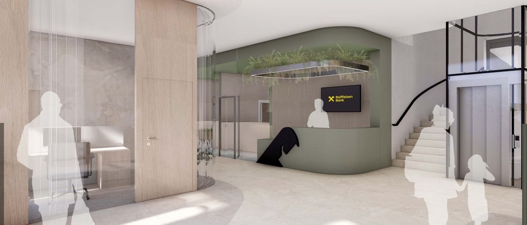 Innenbereich einer Raiffeisen Bank-Lobby mit modernen Möbeln, einer geschwungenen Glaswand und einer Treppe. Ein Monitor zeigt das Raiffeisen Bank-Logo an.