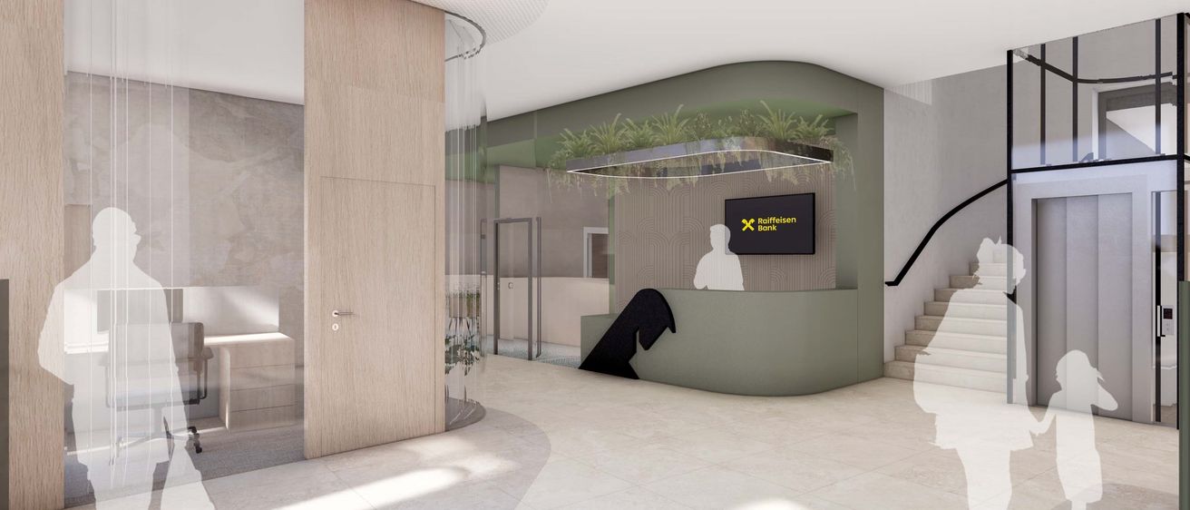 Innenbereich einer Raiffeisen Bank-Lobby mit modernen Möbeln, einer geschwungenen Glaswand und einer Treppe. Ein Monitor zeigt das Raiffeisen Bank-Logo an.