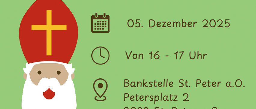 Poster announces Nikolaus coming on Dec 5, 2025 from 4-5 PM at Bankstelle St. Peter. Every child receives a Nikolaus sack.