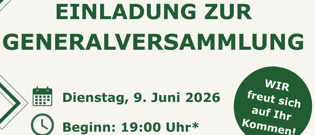 Einladung zur Generalversammlung. Datum: Dienstag, 9. Juni 2026. Beginn: 19:00 Uhr. Ort: Ottersbachhalle St. Peter a. O. Redner: Helmut Rossmann e.h., Ombudsmann.