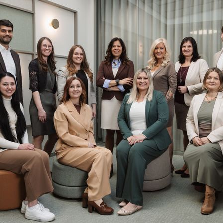 Eine Gruppe erwachsener Fachleute, sowohl Männer als auch Frauen, gekleidet in formeller Kleidung, posieren für ein Foto in einer Indoor-Büroumgebung.