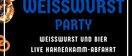 Plakat für Weisswurst Party mit Würsten, Bier und einem Hahn. Das Event wird von SportKock veranstaltet. Datum: 24. Januar 2026. Zeit: 09:00 bis 17:00 Uhr. Rabatt: 20% Ermäßigung.