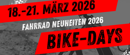 Werbeplakat für Bike-Days bei Sport Kock vom 18. bis 21. März 2026 mit einem Fahrrad und rot-schwarzem Text auf grauem Hintergrund.