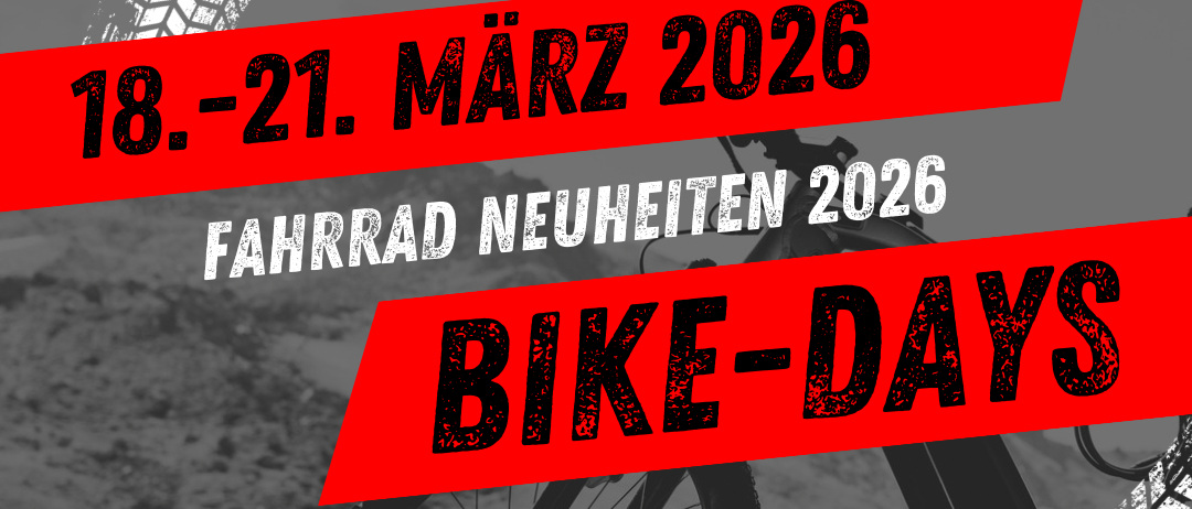 Werbeplakat für Bike-Days bei Sport Kock vom 18. bis 21. März 2026 mit einem Fahrrad und rot-schwarzem Text auf grauem Hintergrund.