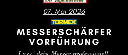 Werbung für eine Messerschärfvorführung am 7. Mai 2026 von TormeK. Es zeigt ein Messer, das auf einer Maschine geschärft wird, mit Logos von Koeck und TormeK.