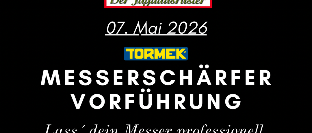 Werbung für eine Messerschärfvorführung am 7. Mai 2026 von TormeK. Es zeigt ein Messer, das auf einer Maschine geschärft wird, mit Logos von Koeck und TormeK.