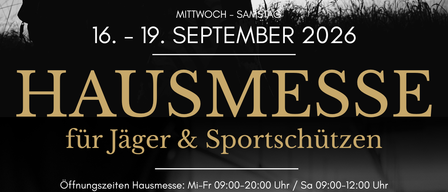 Ein Plakat für die Hausmesse für Jäger & Sportschtzen vom 16. bis 19. September 2026. Das Plakat zeigt eine Silhouette einer Person mit Gewehr und Hund.