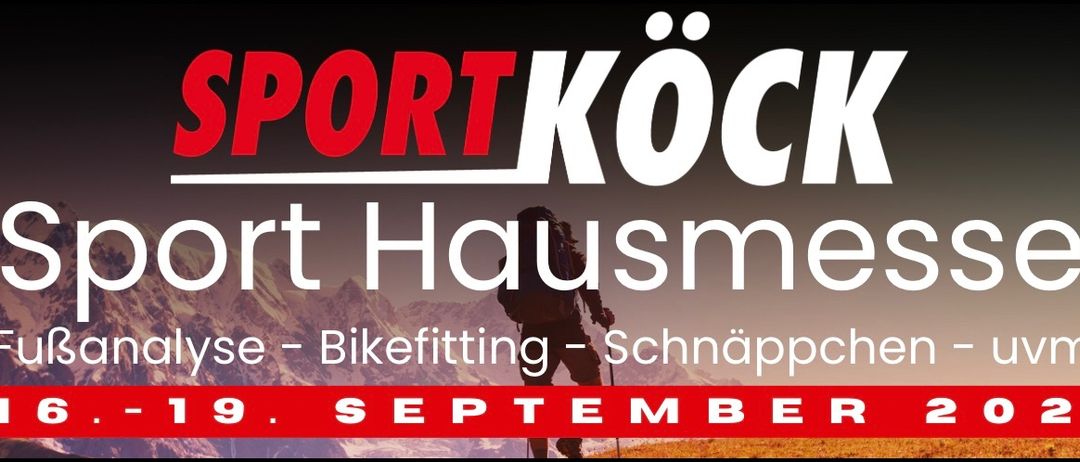 Ein Werbeposter für Sport Kock mit einem Wanderer in den Bergen. Der Text lautet 'Sport Hausme' und 'Bikefitting - Schnappche' mit dem Datum 9. September.