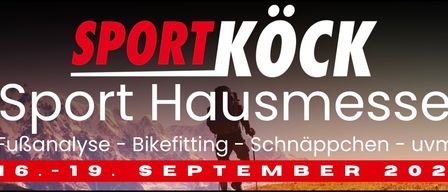 Ein Werbeposter für Sport Kock mit einem Wanderer in den Bergen. Der Text lautet 'Sport Hausme' und 'Bikefitting - Schnappche' mit dem Datum 9. September.