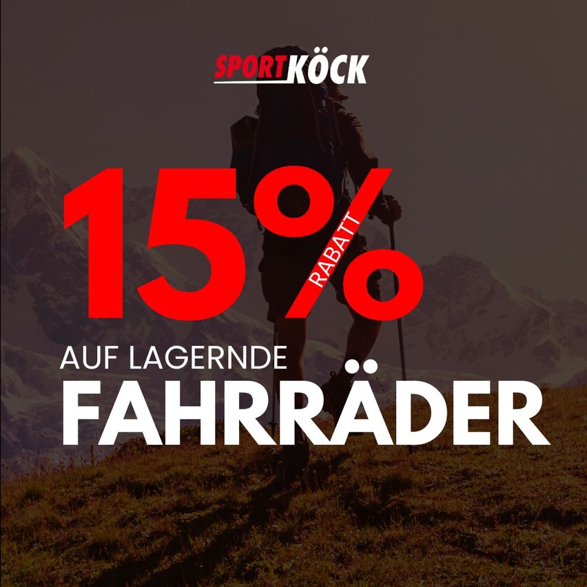 A promotional image for Sport Köck featuring a 15% discount on mountain bikers. The image shows a silhouette of a person with a backpack and trekking poles against a mountainous background.