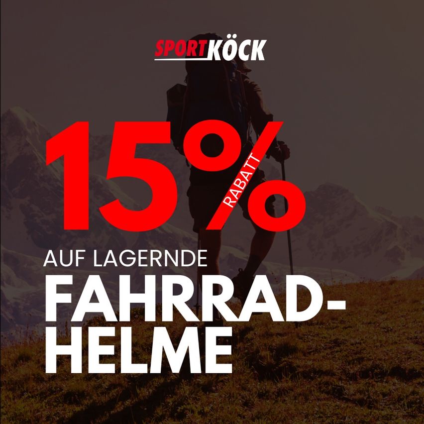 A promotional poster for Sport Köck featuring a hiker with a backpack and trekking poles. The poster highlights a 15% discount on mountain bike helmets.