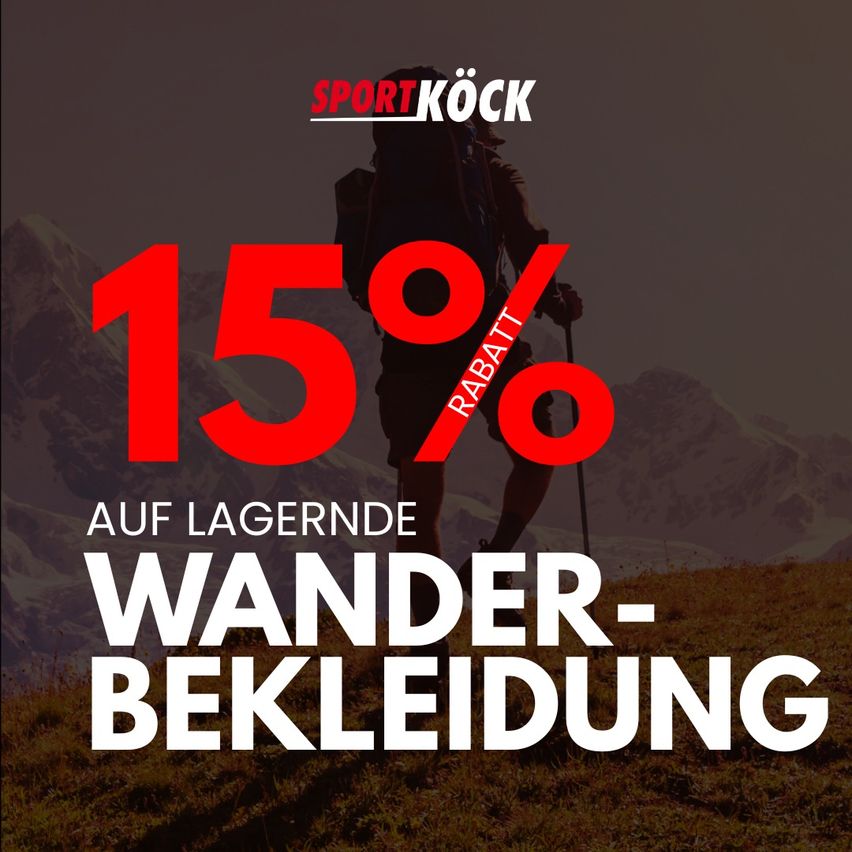 A promotional image for Sport Köck featuring a hiker with a backpack, mountains in the background, and a 15% discount on hiking clothing.