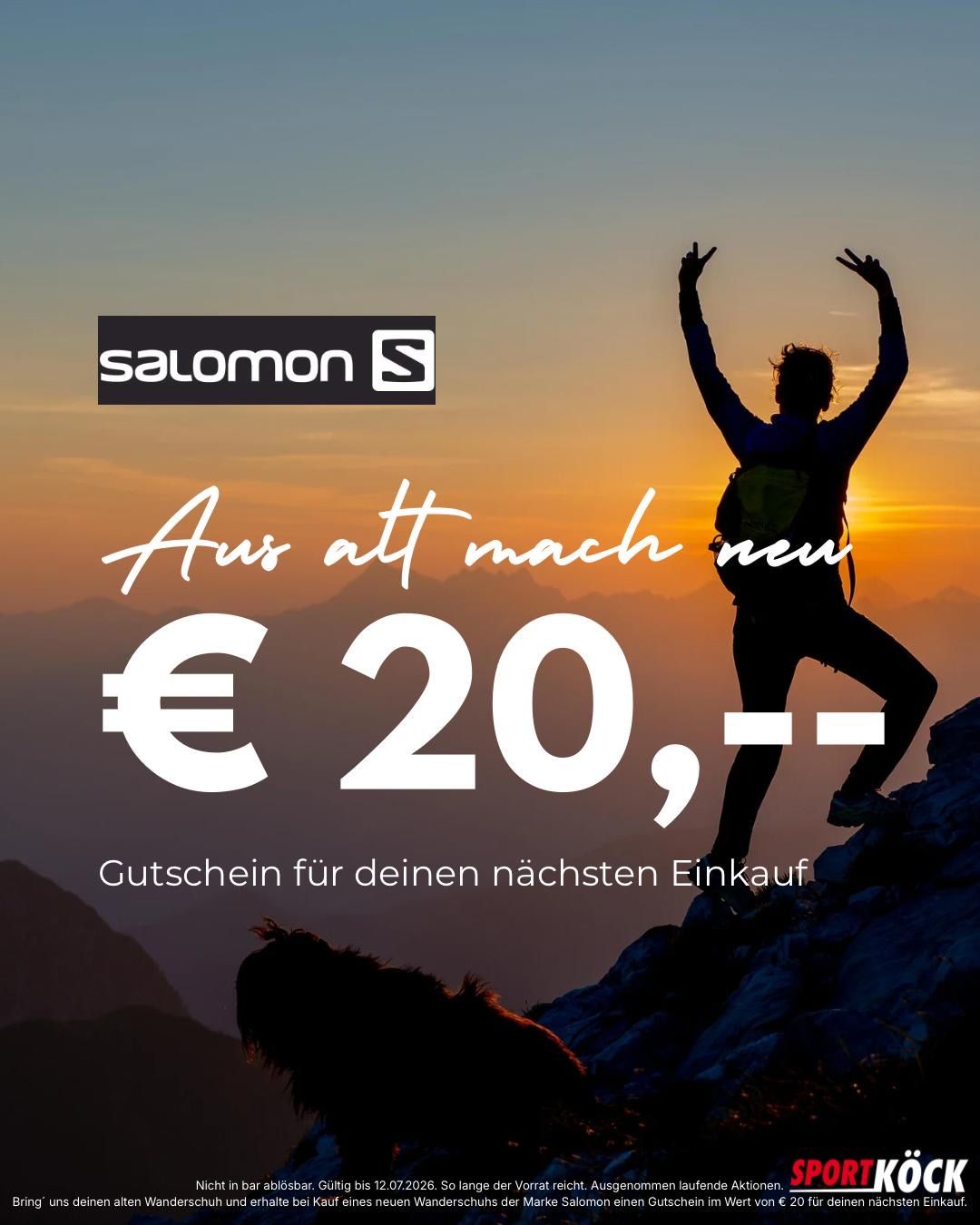 Silhouette einer Person mit Rucksack feiert auf einem Berg bei Sonnenuntergang. Logo für Salomon und Text lautet: 'Aus alt mach neu, €20 Gutschein für Ihren nächsten Einkauf.'