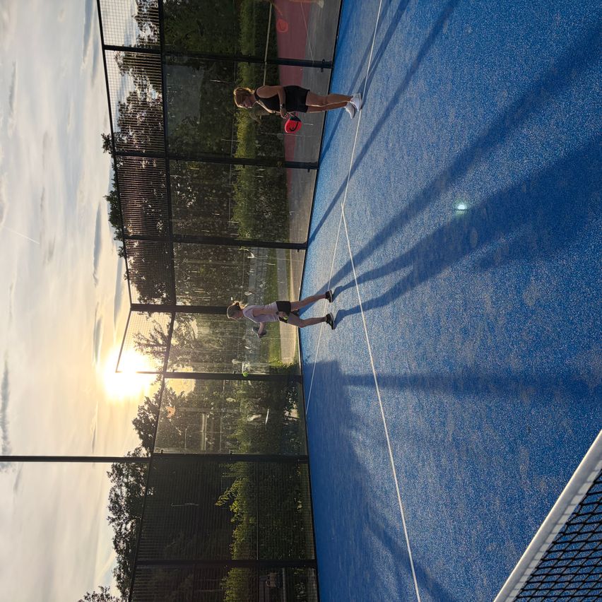 Two people play tennis on a blue court. One holds a tennis ball, and the other stands ready. Trees and a fence surround the court.