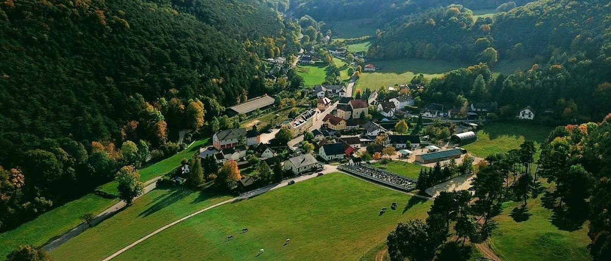 Ein Luftbild eines malerischen Dorfes in einem Tal, umgeben von üppigen grünen Hügeln und Wäldern, mit einem klaren Himmel darüber.