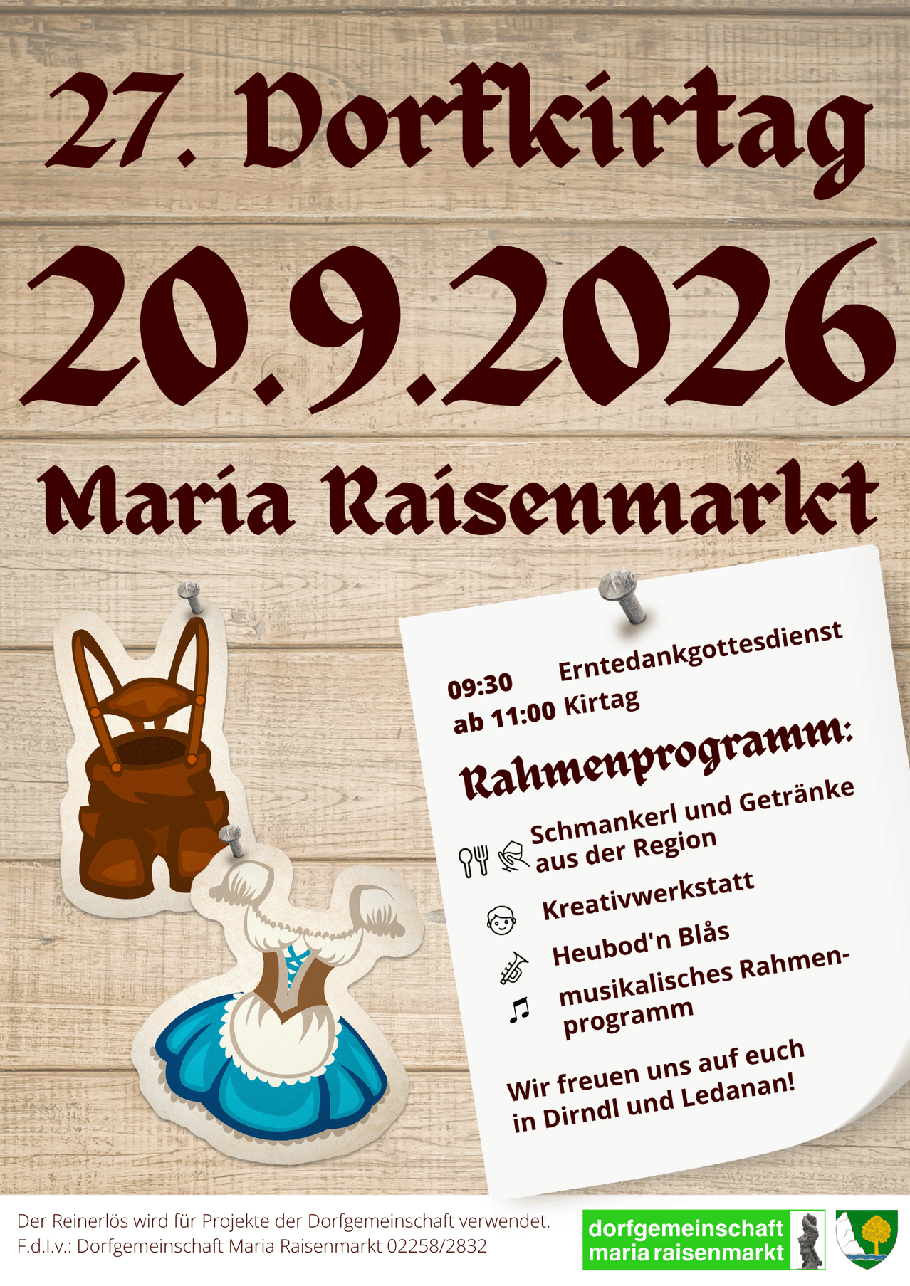 Plakat für Maria Raisenmarkt-Veranstaltung am 20. September 2026 mit traditionellen Kostümen, hölzernem Hintergrund und Zeitplan einschließlich einer Kreativwerkstatt, regionalem Essen und einem musikalischen Programm.