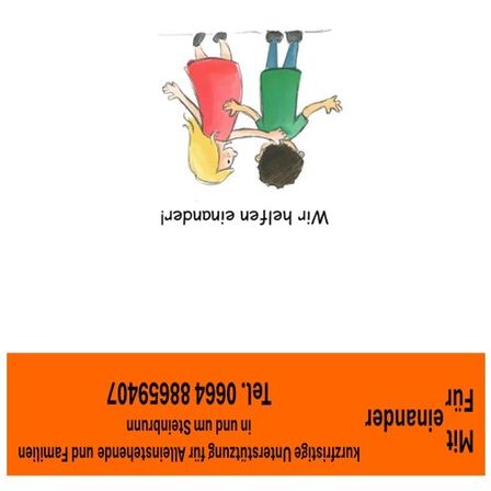 Eine Zeichnung zeigt zwei Kinder, die an einer Stange hängen, mit einem Etikett 'Kinder'. Unten befindet sich ein Zettel mit einer Telefonnummer und dem Text 'Kontaktieren Sie uns'. Unten befindet sich ein orangefarbener Balken mit einer Website und Kontaktinformationen.