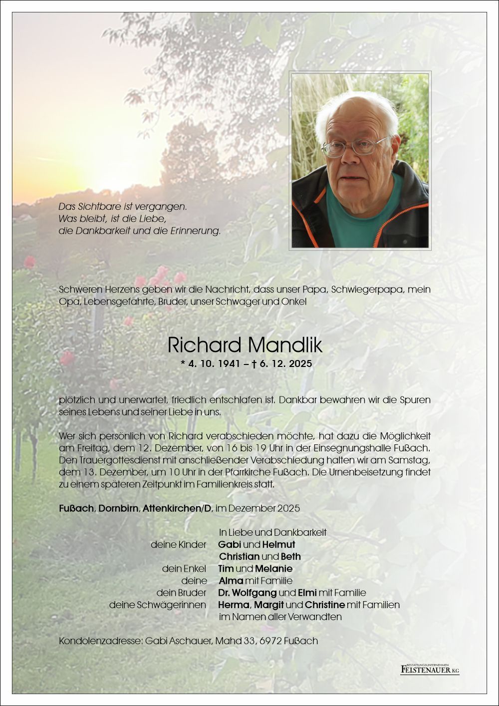 A memorial notice for Richard Mandlik, born on October 4, 1941, and passed away on December 6, 2025. It includes a photo, an obituary, and details about his life and the funeral arrangements.