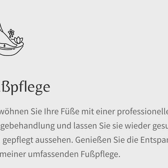 Bild eines Fußes in einer Schüssel mit einer Blume, gefolgt von Text über professionelle Fußpflege.