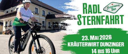 A cyclist rides past a house on May 23rd. The event is called 'RadStern'. The time is 14:00.
