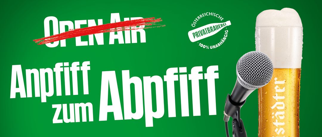 Poster for an event, 'im Abpfiff', featuring a microphone, a logo for a private brewery, and a band named The Rockies. The poster is green and has a crossed-out 'OPEN AIR' label.