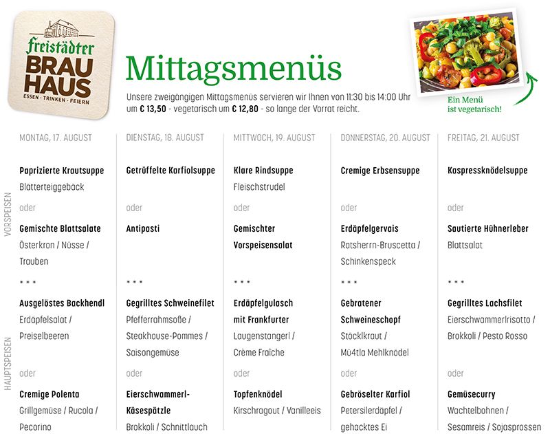 A menu for Mittagsmenus featuring various dishes like Krautsuppe, Karfiolssuppe, Rindsuppe, Erbsensuppe, and more. The menu is available from 11:30 to 14:00.