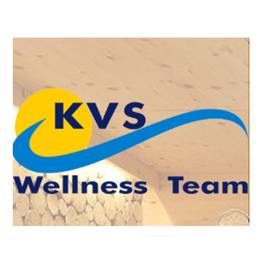 KVS Wellness Team Logo mit einer blauen Welle und einem gelben Kreis mit den Buchstaben KVS in weiß.