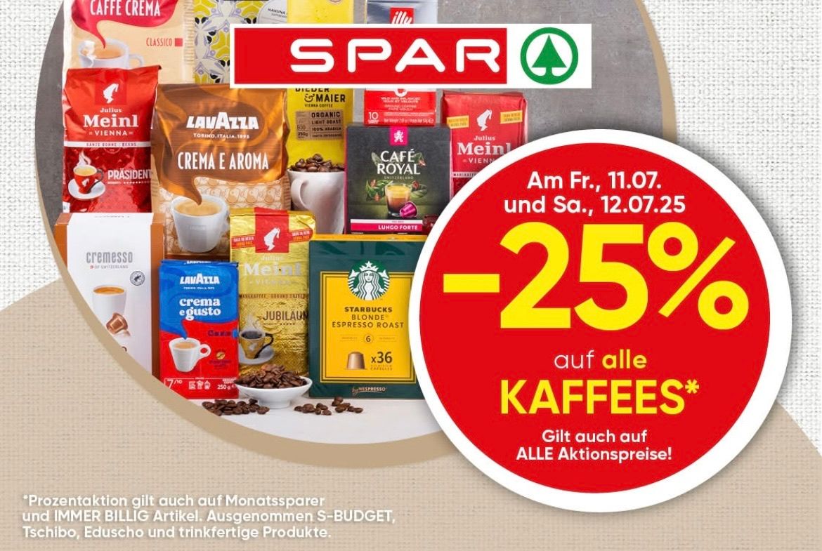 Ein Bild mit einer Aktion für Kaffeeprodukte. Es enthält Kaffeebeutel und -gläser, eine Tasse, Kaffeebohnen und eine Kaffeemaschine. Die Aktion lautet: -25% auf alle Kaffees. Gültig am Freitag, 11.07. und Samstag, 12.07.