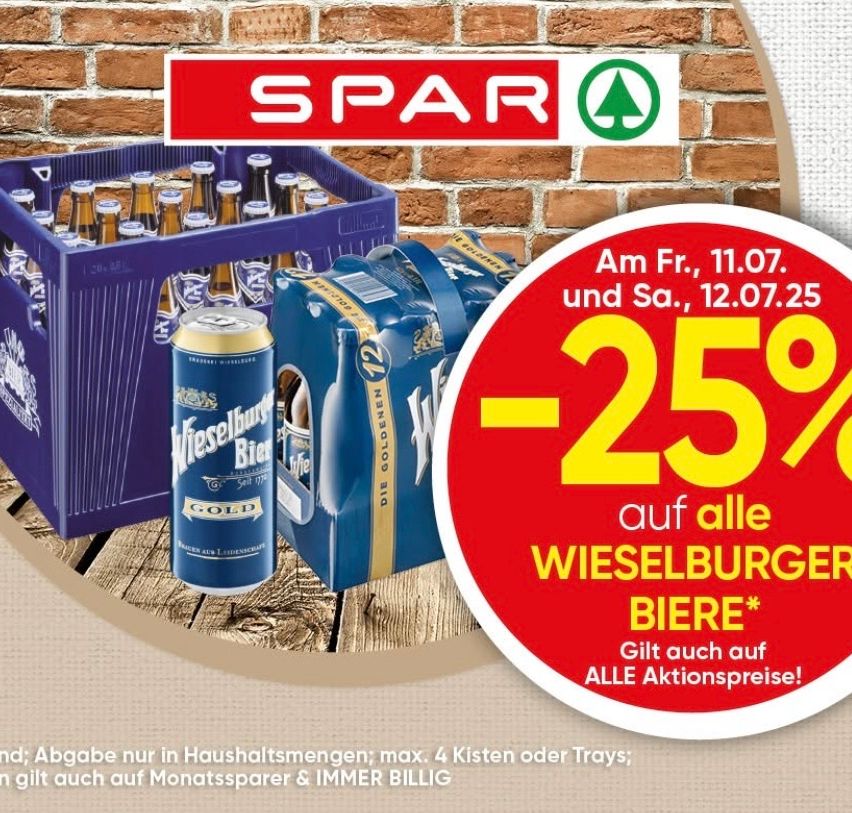 SPAR Aktion: 25% Rabatt auf alle Wieselburg Biere am Freitag, 11.07. und Samstag, 12.07. Gilt auch für alle Aktionspreise.